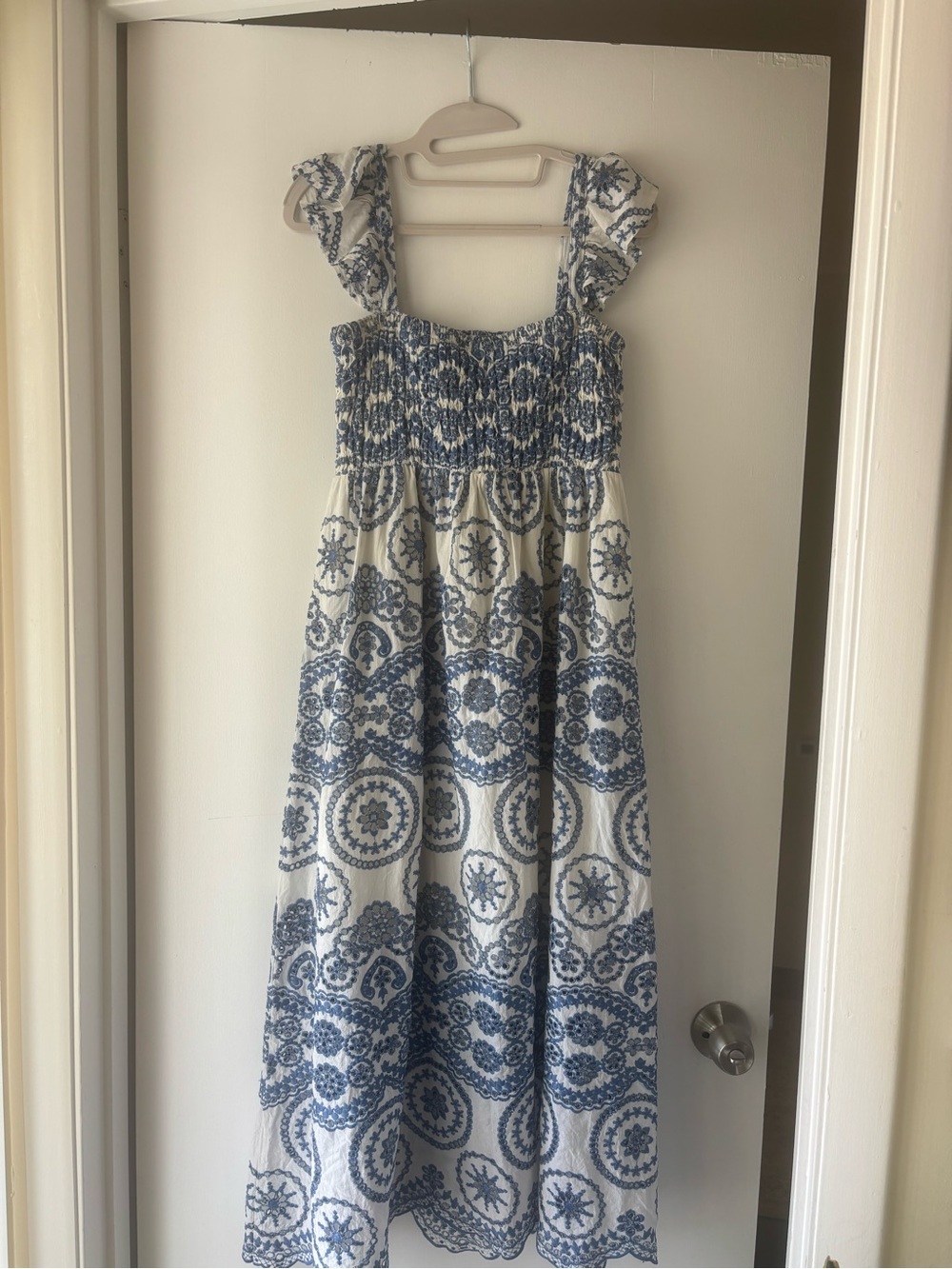 Sunday White and Blue Smocked Midi Dress with Ruffle Straps
